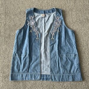 Vintage Cactus California Jean Denim Jeweled Vest. Boho Festival Cottagecore M